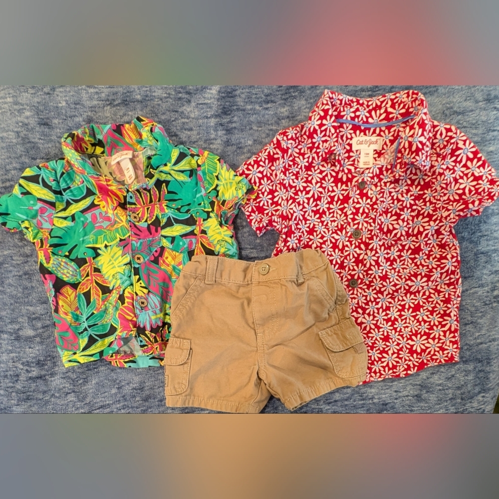 Cat & Jack 12M Tropical and Floral Shirt Set with Tan Shorts